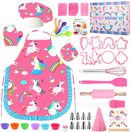 MUOIVG Chef-Set Koch-und Backset für Kinder, Backset Küchenspielzeug Set Rollenspiele mit Schürzen, Kochmützen, Topfhandschuhe Einhornmuster Kinderkoch, Kinderküche Geschenk Kinder ab 3-7 (Mehrweg)