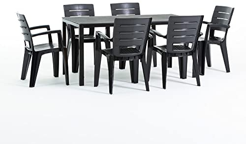 SIEDITI FUORI E DENTRO Set tavolo Thomas + 6 Sedie Anita (tavolo con struttura in ferro e sedie in resina) (Tavolo + sedie antracite)