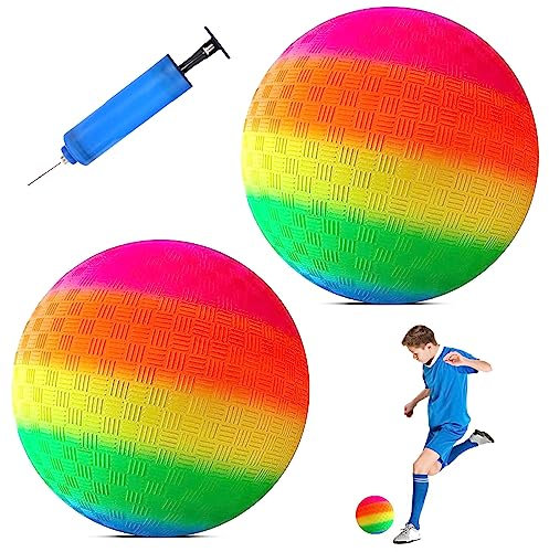 TZQFROCE 2 Stück Bouncy Kickball Regenbogen Ball PVC 8.5 Zoll Softball Kinder Spielball mit Pumpe für Backyard Park und Beach Outdoor Fun
