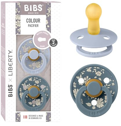 BIBS Liberty Dummies | 2 Colour Natural Rubber Latex Soothers | BPA Free Dummy | Round Nipple Pacifier | Designed & Made in Denmark | Capel Dusty Blue | Size 2 | 6+ Months