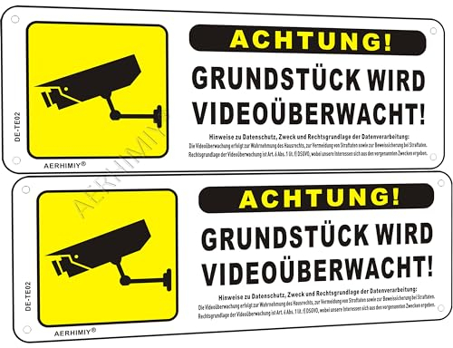 AERHIMIY Videoüberwachung Schild Aluminium Reflektierend 25×9 cm, Schild Videoüberwachung Privatgrundstück Selbstklebend Grundstück wird Videoüberwacht Schild Metall 2 Stück