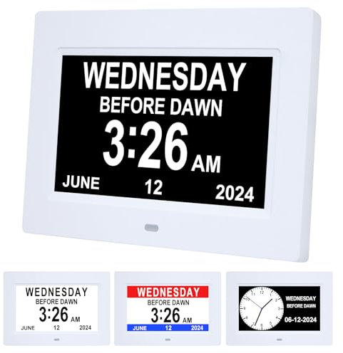 Gsituk 7” Dementia Clock with Day and Date for Elderly, 12 Alarms Clock Large Digital Calendar for Alzheimer Patient (White Not battery powered)