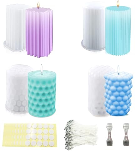 TZEKING 216 Stück Kerzenform Kerzen Kit, 4 Kerzenform Silikon+200 Wachsdochte+2 Halter+10 Aufkleber, Kerzenformen Zum Gießen Set, 3D DIY Silikonform Kerzen-Gießen Formen Set, Zylinder Kerzen-Gießform