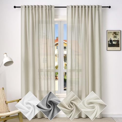 WOLTU Gardine, Schiebegardine für Wohnzimmer Schlafzimmer, mit Kräuselband, Leinenoptik, Halbtransparent Voile modern, 135 x 225 cm, Sand