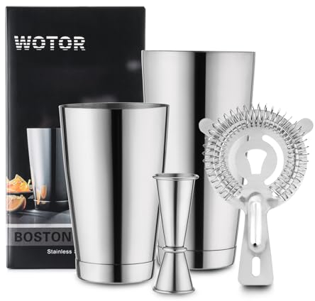 WOTOR Boston - Set di shaker per cocktail, in acciaio inox, capacità 510,3 g e 793,8 g, colino, misurino doppio, strumenti professionali da bar per baristi (argento)