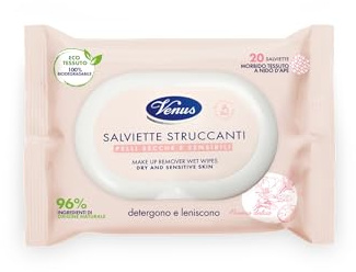 Venus Salviette Struccanti Viso e Occhi per Pelli Secche e Sensibili, con Estratto di Mandorla ad Azione Lenitiva, Detergenti e Delicate, Tessuto 100% Naturale e Biodegradabile, 20 Pezzi