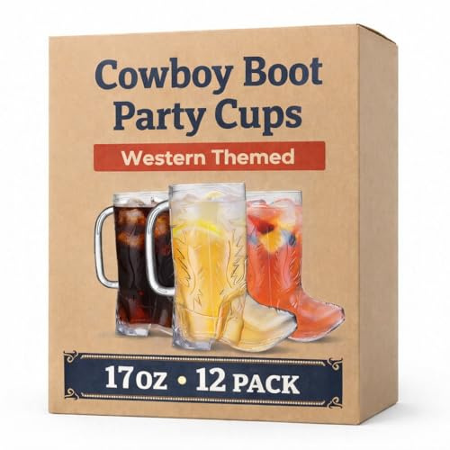 JoyServe Cowboy Boot Cups - (Bulk Pack of 12) 17oz Drink Mugs, Reusable BPA-Free Plastic Drinking Mug Cups for Kids, Western Themed Rodeo Birthday Party Decorations and Supplies