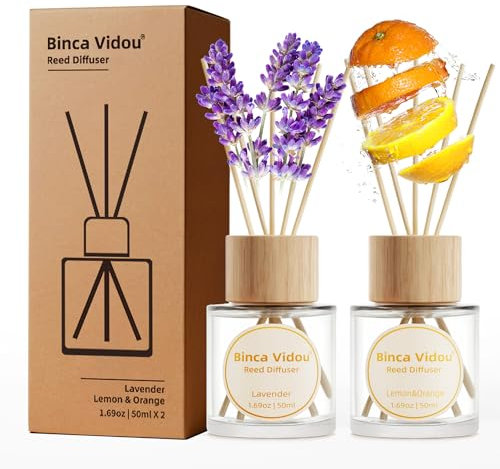 binca vidou Reed Diffuser Set of 2, Lavender, Lemon & Orange Fragrance Reed Oil Diffuser Set with Rattan Reeds for Home Office Bathroom Living Room Aromatherapy Decor 50ml x 2