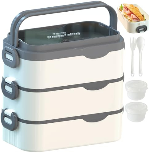 Kenuket Bento Box Adult Lunch Box, Stackable 3 Layers Large Capacity Lunch Containers, Microwave and Dishwasher Safe Food Grade Containers with Utensils, Dividers and Sauce Boxes for Men, Women, Kids