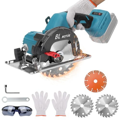 Kistrba Mini Circular Saw for Makita 18V Battery, 1200W Brushless, 6000RPM, 45°/90° Bevel, 42/51mm Depth, 3 Saw Blades, Wood, Plastic, Metal, Tile, Concrete