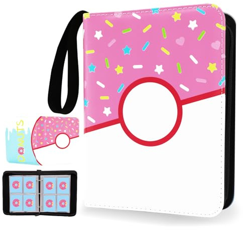 4 Pocket Card Binder 400 Card Holder Album, Pink Donut Trading Cards Holder Zipper Binder for Girl Teen Collection (Pink Donut, 400 Pocket)