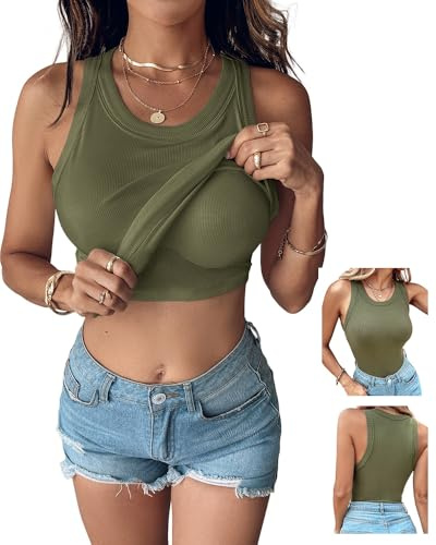 CHICME Tank Tops with Built in Bras Athletic Tank Tops Ribbed Tank Top Running Tops Army Green-M