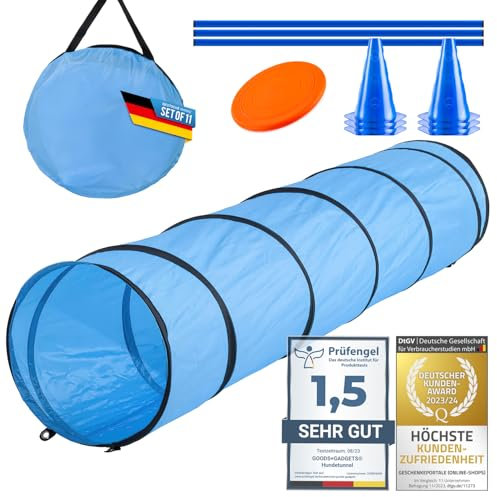 Hunde Agility Tunnel - Hundetunnel Spieltunnel; 200cm Agilitytunnel; Agility Zubehör-Set Hundehöhle inkl. Heringe, Transporttasche, Wurfspielzeug Frisbee & Steckhürden mit Hütchen