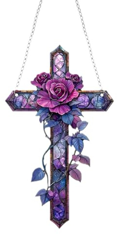 Laroal Décoration à suspendre en forme de croix rose violette 19 x 11 cm/7,5 x 4,3 pouces Décoration à suspendre en verre acrylique teinté plat 2D pour chambre, jardin, cour et balcon
