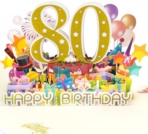 DLYMXGC Biglietto di auguri pop-up per 80 anni, con motivo fuochi d'artificio, ideale come regalo d'amore per adulti e bambini, con note vuote e busta, pieghevole, per figlia, figlio, mamma, papà