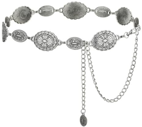 SEDEX Guldbälte, västerländska kedjebälten för kvinnor metall concho-bälte cowgirl mode boho midjekedja Y2K för jeans klänningar byxor justerbar vintage countrykonserttillbehör, B-Silver, one size