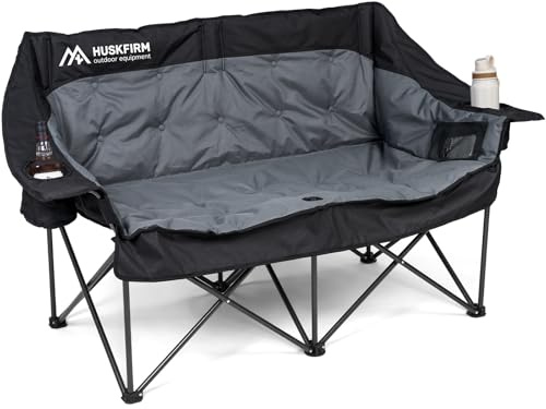 Huskfirm Double Camping Chair Oversized Padded Camping Chairs for Adults Folding Loveseat with Cup Holders and Side Pockets Heavy Duty Outdoor Lawn Chairs for Camping,Sports, Fishing,Beach,Black