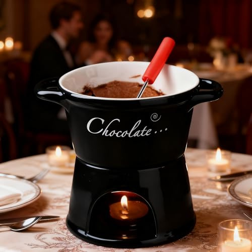 Chokladfondue-mugg Med Gafflar | Chokladsmältkopp | Keramisk Smörvärmare | Kreativ Ostfondue-smältare | Värmare För Godis, Sås, Dessert (INGET)
