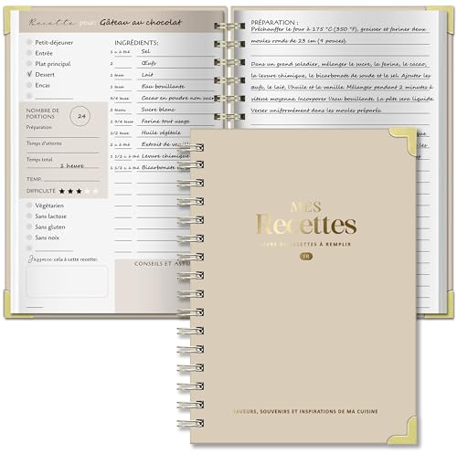 BIROYAL Carnet de Recettes à Remplir A5, Papier Épais 120g, Kaki | Avec Table des Matières & Tableau de Conversion, 100 Recettes Vierge, 2 Pages par Recette, Pour Passionnés de Cuisine