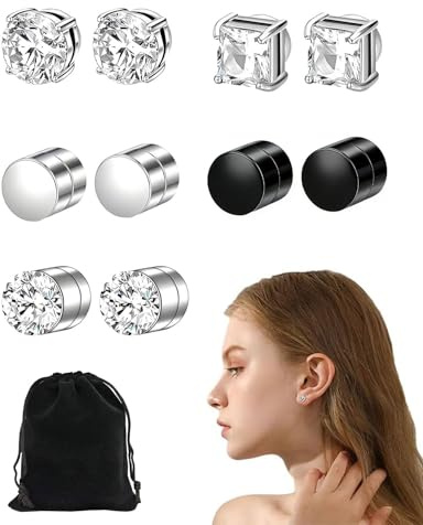 SCJJZ 5 Pares Pendientes Magnéticos, Sin Necesidad de Perforar, Pendientes Iman Hombre, Pendiente Hombre Plata Diamante, Pendiente de Imán para Hombres y Mujers, Con bolsa de almacenamiento