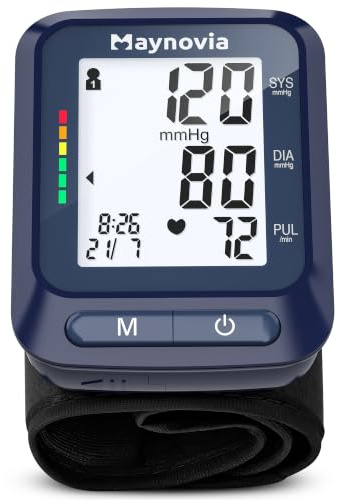 Maynovia Wrist Blood Pressure Monitor, 2x60 Memory, 5.3-8.5 in Cuff, Blue | Backlit LCD, one-touch use, color-coded indicator, irregular heartbeat indicator, 2 AAA batteries, storage case, home use