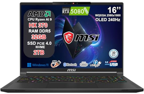 msi Stealth A16 AI+ Notebook Gaming Ryzen AI 9 HX 370, RTX 5080 16GB GDDR7, 32GB RAM, 2TB SSD, 16 QHD+ OLED HDR 240Hz 100% DCI-P3, Thunderbolt 4, Wi-Fi 7, Tastiera RGB, Fingerprint, Windows 11