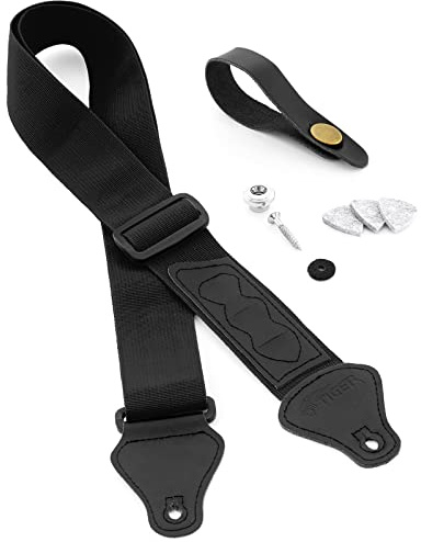 TIGER ukulele sele pack inkl. rem, huvudplatta slips, bältesknapp/ändstift och 3 filtplektrum lämpliga för sopran, konsert, tenor och barytonukulele – svart UAC4-BK-pack