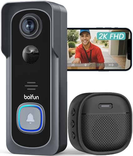 BOIFUN Timbre Inalámbrico con Cámara, 2K Timbre Videoportero Inalámbrico Exterior Impermeable, Detección Humana PIR, Alerta con un Clic, Visión Nocturna, Audio Bidireccional, Ip66, en La Nube