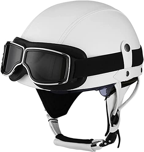 Vintage Leder Motorradhelm Open-Face Retro Halbhelm Mit Brille Für Männer Und Frauen Street Cruiser Moped Scooter Jet Style ECE Zertifizierter Baseball Cap Helm G,S=54-56CM