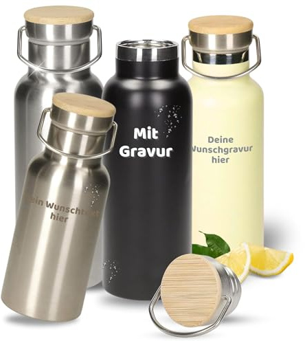 Edelstahl Trinkflasche personalisiert - BPA-freie Wasserflasche 500ml für Kinder & Erwachsene - Doppelwandig für Kalt- & Heißgetränke - Isolierflasche ideal für Sport, Schule & unterwegs (schwarz)