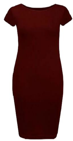 RIDDLED WITH STYLE Women's Cap Sleeve Scoop Neck Midi Dress Printed Plain Outfit Breathable Dress Ladies Summer Plain and Printed Wear Stretchy Plus Sizes Bodycon Dress (Wine, UK 12-14)