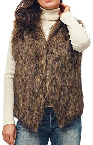Handcess Chaleco de piel sintética para mujer Marrón corto sin mangas chaqueta de invierno chaleco caliente para la primavera otoño e invierno(M)