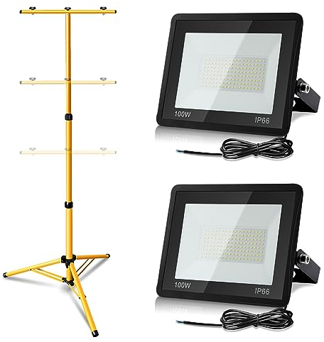 Yakimz Foco LED con trípode, 2 luces de trabajo de 100 W, 8500 lm, 6000 K, luz blanca fría, incluye cable de 1 m, resistente al agua, IP66 (sin enchufe)