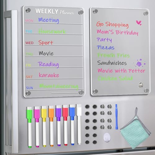 Lot de 2 Tableaux Magnétiques Frigo Planning Semaine Transparent de Course Avec 8 Couleurs de Marqueurs, Aimants et Tôles (20 x 30 cm)