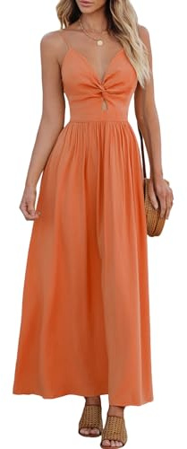 CUPSHE Vestido de verano para mujer, estilo bohemio, cuello en V, sin mangas, con torsión frontal, vestido informal para vacaciones, maxi vestido, naranja, M