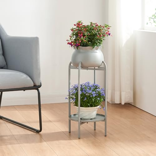 [en.casa] Blomstativ Altena växtstativ med blomkruka och hylla metall grå växthylla 80,5 x 40 x 40 cm blompelare för inomhus blomkruksstativ