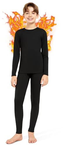 SIMIYA Kids Thermal Base Layer Set - Boys Youth Athletic Base Layer Set Compression Underwear Long Johns Bottom and Long Sleeve Top for Gym Sport Football Ski Black