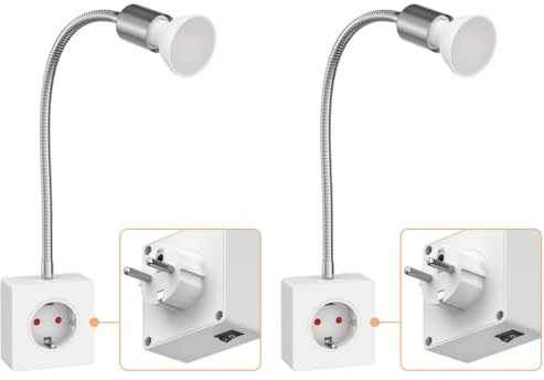ledscom.de 2 Stück Steckdosenlampe LESCH Leselampe, chrom/weiß inkl. GU10 LED Lampe 7W, 630lm, weiß