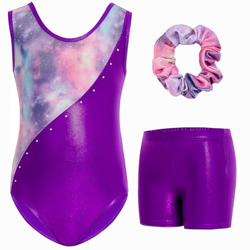 Gogokids Gymnastik trikåer för flickor glittrande strass dansdräkter cykelväskor med shorts träningskläder, Lila, 9-10 år