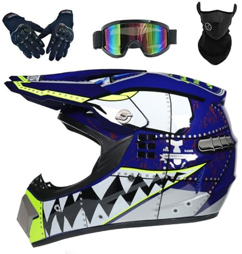Casco Moto Niño 5-12 Años Casco Motocross Infantil Dot Casco Integral MTB con Guantes Gafas Máscara para MX Off Road ATV(#A1,M(54-55cm))