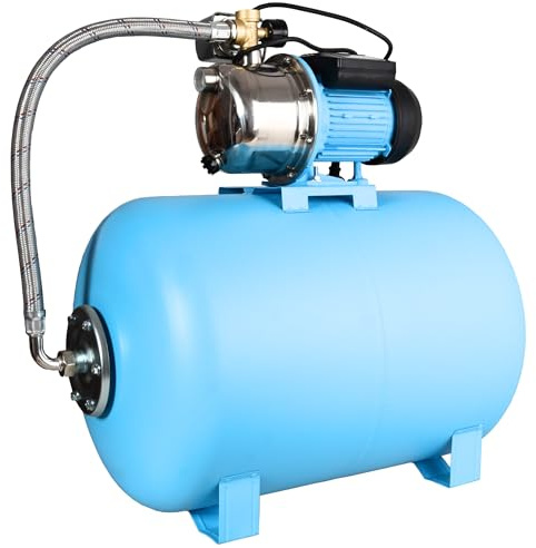 Groupe de surpression JX 1100 (1100 W, Débit max. 3600 l/h, Hauteur de refoulement 50 m, Pression 5 bar) - Pompe à Eau JX 1100 INOX avec Réservoir de Pression 100 L - pour Arrosage Pelouse, Jardin