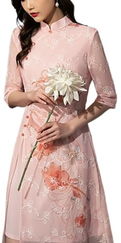 HAJHI Invisible Fermeture éclair Cheongsam Rétro Mousseline Broderie Robe Vietnamienne Ao Dai Manches en 5 Points Double Couche Fente Qipao Mi-Longueur Mariage Gala(Pink,M)