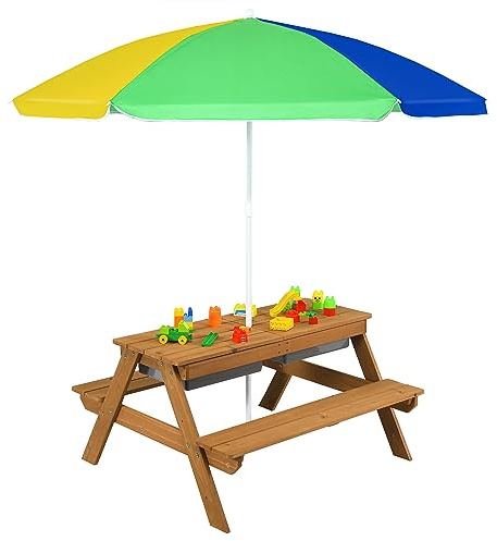 FANTASK Table de Pique-Nique 3 en 1 en Bois pour Enfant avec Parasol et bancs, Groupe de sièges pour Enfants avec Plateau Amovible et 2 boîtes de Jeu, Jaune