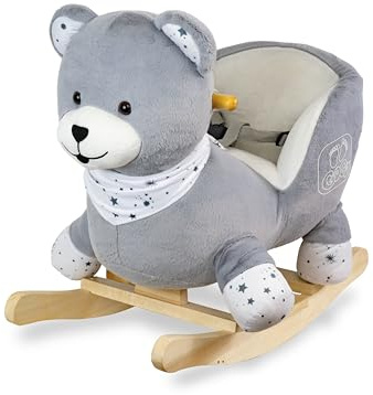 Teorema Giocattoli, Cavallo a Dondolo per Bambini a Tema Orsetto, Morbido Cavalluccio per Bambini 1 Anno con Seduta Avvolgente e Cintura di Sicurezza, Gioco Prima Infanzia in Peluche e Legno