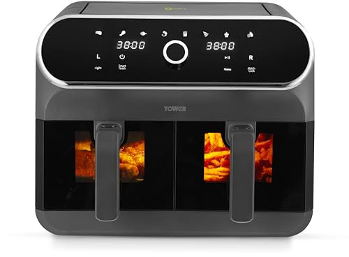 Tower T17195 Elite Dual Basket Air Fryer with Digital Control Panel and Viewing Windows, Match Cook & Sync Finish Functions, 8 Cooking Presets, Vortx Technology, 8L, 1700W, Graphite