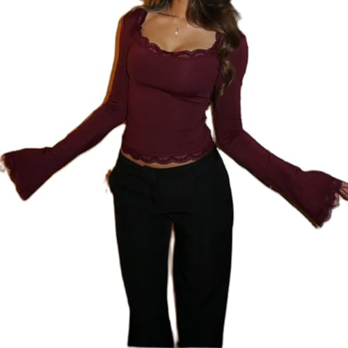 Womens Y2K Bell Long Sleeve Top Lace Trim Square Neck T Shirt Crop Tops Slim Fit Going Out Shirts Blouse Streetwear (Burgundy, S)
