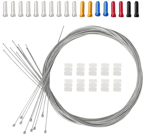 10 x Universal Fahrrad Schaltzug 2 m,1,2 mm aus Stahl mit 10 Silbernen Endhülsen, 8 Farbigen Endhülsen und 10 Silikon O-Ringen, Universal für MTB, Rennrad, Faltrad und Citybike