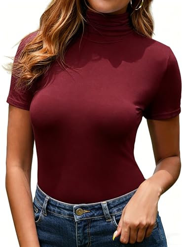 Camiseta de Cuello Alto con Mangas Cortas Básica Camisa Suéter Jerséis Elástico Pullover Ajustado Otoño Moda Cómodo Clásico Elegante Casual Invierno Primavera