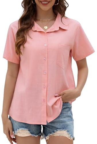 Yuson Girl Camicia Donna Estiva Camicetta Donna Manica Corta Camicette in Lino Casual Cotone Blusa Maglietta Scollo a V Tinta Unita Elegante Camicie Top con Bottoni(Rosa, XL)