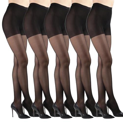 LXEASYGO 5 Pairs 30D Sheer Tights for Women Black High Waist Tights with Reinforced Toes Run Resistant Women's Control Top Pantyhose (UK, Alpha, M, Regular, Regular, Black)